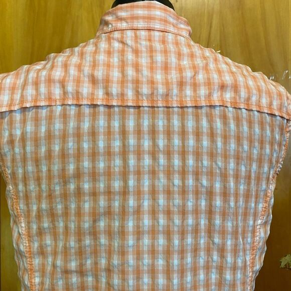 Eddie Bauer Button Down Women's Shirt L White Orange Gingham Check Short Sleeves - Picture 9 of 14
